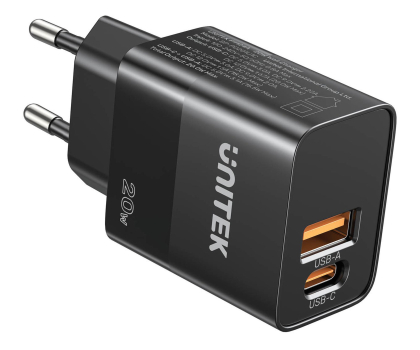 Ładowarka i akumulator UNITEK Ładowarka sieciowa, 1x USB-A, 1x USB-C, QC, PC 3.0, 20W, cza P1124ABK01-EU